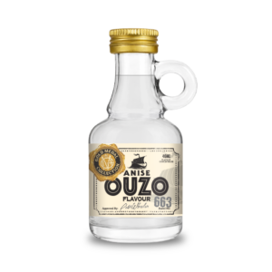 Clear bottle of Anise Ouzo 663 liquor with gold cap