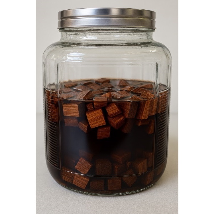 Glass jar filled with dark liquid and wooden pieces