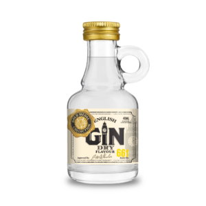 Clear gin bottle with golden cap and label