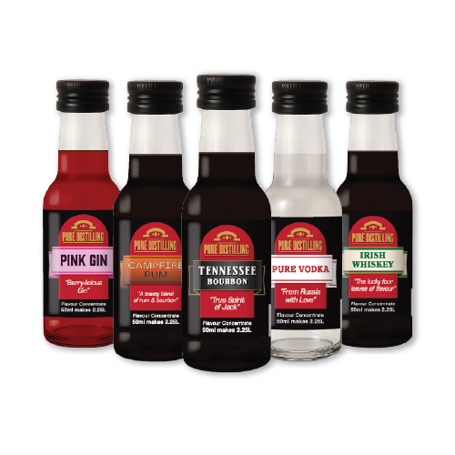 Five Pure Distilling spirit flavour concentrate bottles