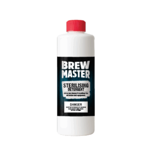 Brew Master sterilising detergent bottle with red cap